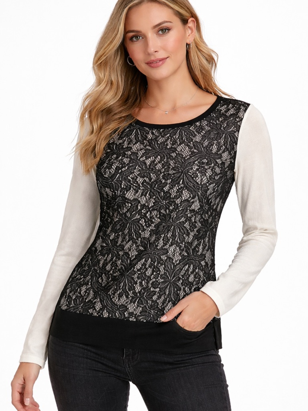 Ann Taylor Black Lace-Front Long Sleeve Top with Cream Sleeves, Size XL